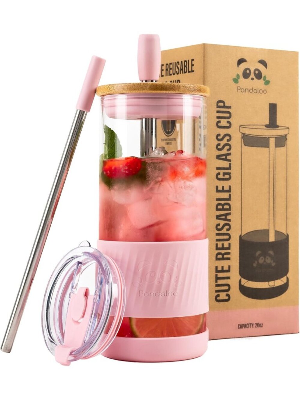 Stylish Glass Tumbler with Bamboo Lid & Straw - 20oz Iced Coffee/Smoothie Cup